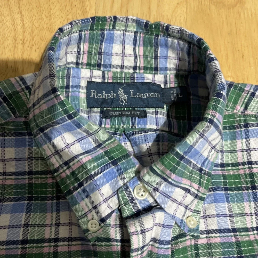 Ralph Lauren Shirt Men's‎ Custom Fit Size L Green Blue  Plaid Cotton Casual